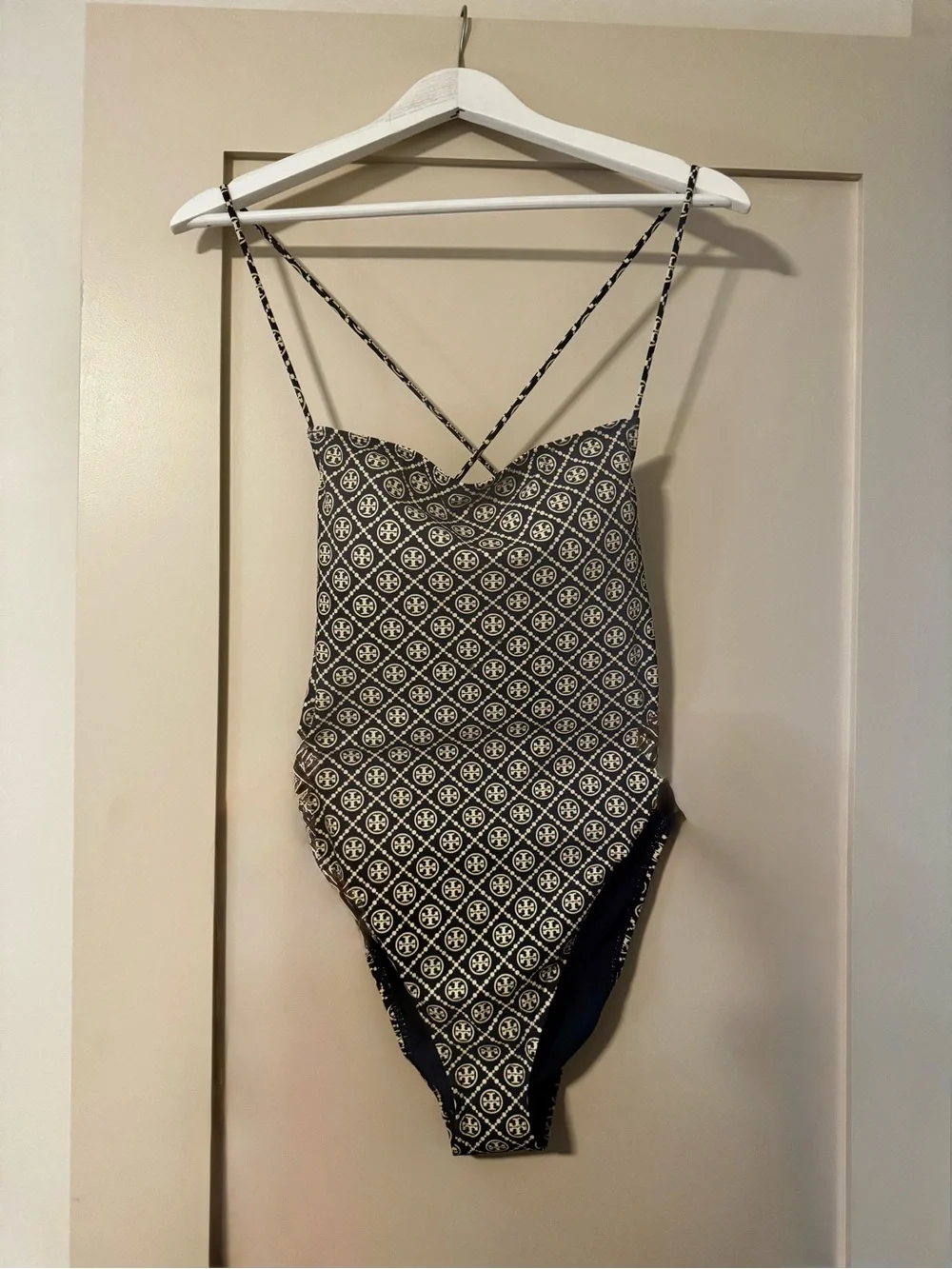 Tory Burch Black and Cream Geometric One-Piece Swimsuit